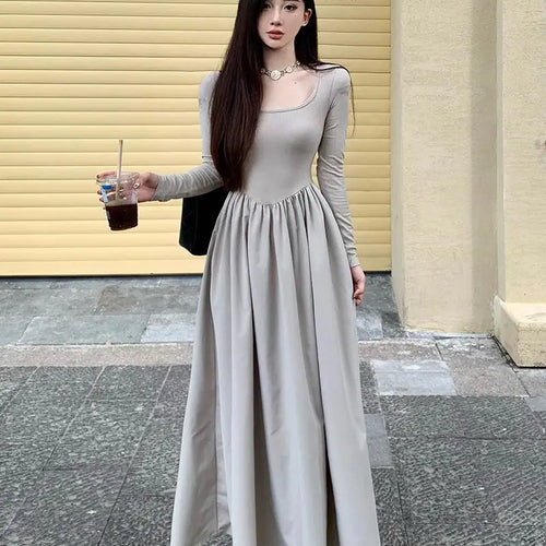 Load image into Gallery viewer, Beige Square Neck Elegant Pleated Dress Women Black Long Sleeve Party Fairy Dress Vintage Autumn 2023 Korean Fashion Popular New
