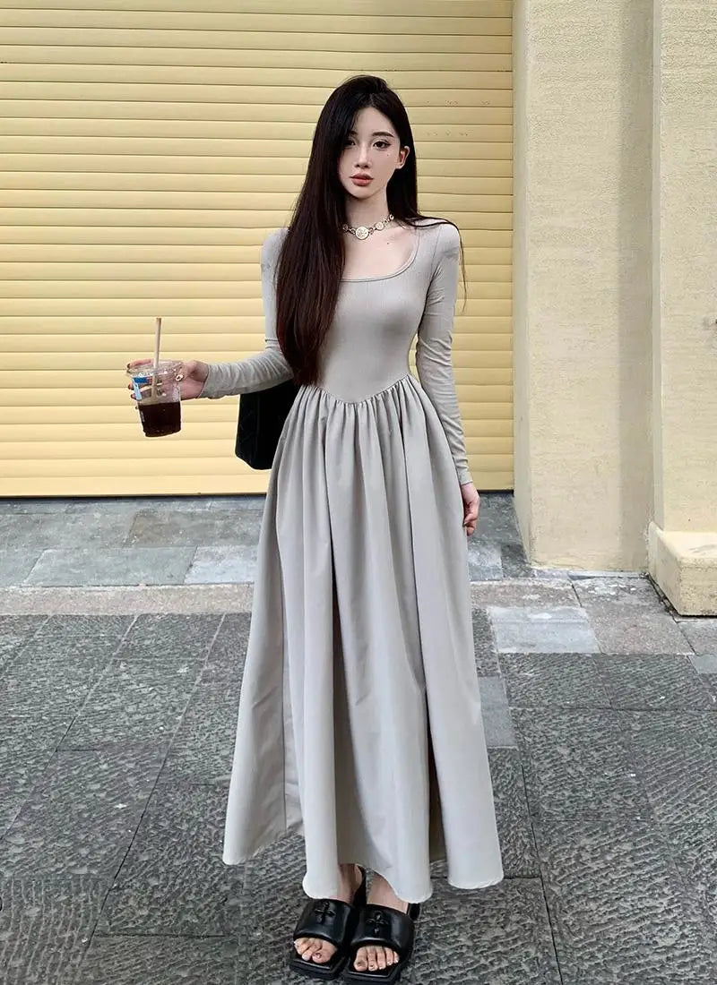 Beige Square Neck Elegant Pleated Dress Women Black Long Sleeve Party Fairy Dress Vintage Autumn 2023 Korean Fashion Popular New