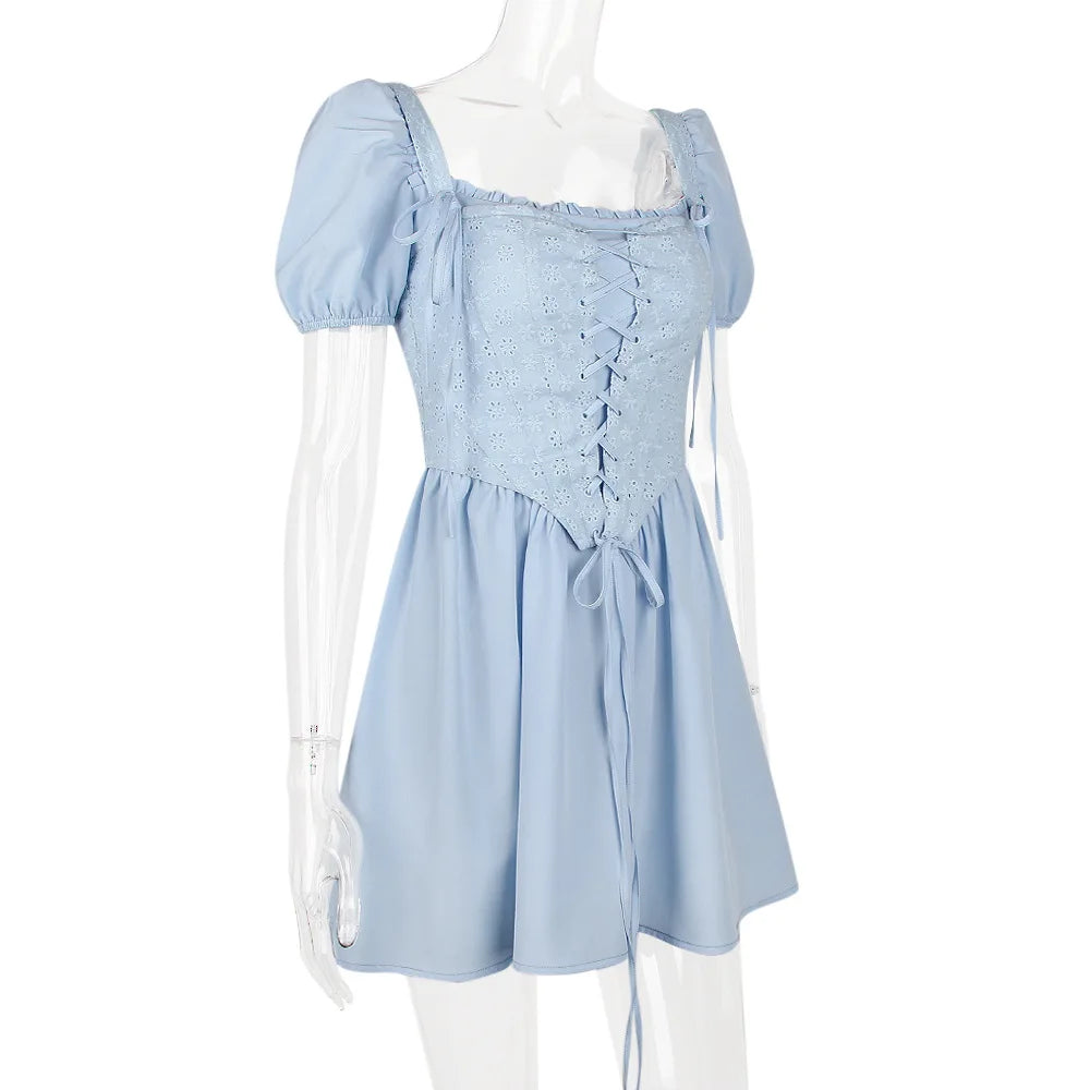 Elegant Short Puff Sleeve Sexy Mini Dress Women Fashion Square Collar Backless A-line Pleated Club Party Dress Vintage