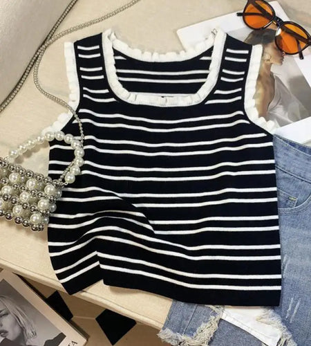 Summer Vintage New 2024 Chic Korean Fashion Striped Patchwork Ruffles Knitted Tops Women Lady White Sleeveless Ice Silk Vest New
