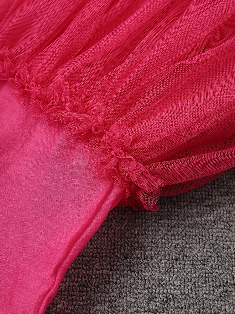 Women Rose Red Mesh Flower Big Size Mini Dress New Stand Collar Long Sleeve Fashion Tide Spring Autumn 2025 CPG3051