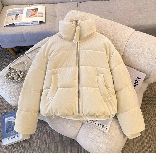 Load image into Gallery viewer, Korean Women Solid Long Sleeves Parkas Autumn Winter Warm Short Down Cotton Jacket Stand Collar Zipper Coat New Fashion Clothing
