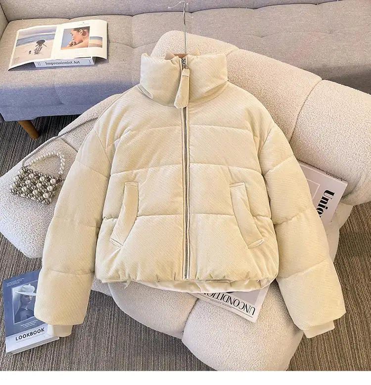 Korean Women Solid Long Sleeves Parkas Autumn Winter Warm Short Down Cotton Jacket Stand Collar Zipper Coat New Fashion Clothing