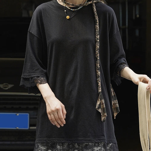 Load image into Gallery viewer, Women Gray Lace Hem Big Size Casual T-shirt New Round Neck Three-quarter Sleeve Fashion Tide Spring Autumn 2025 1DJ1929
