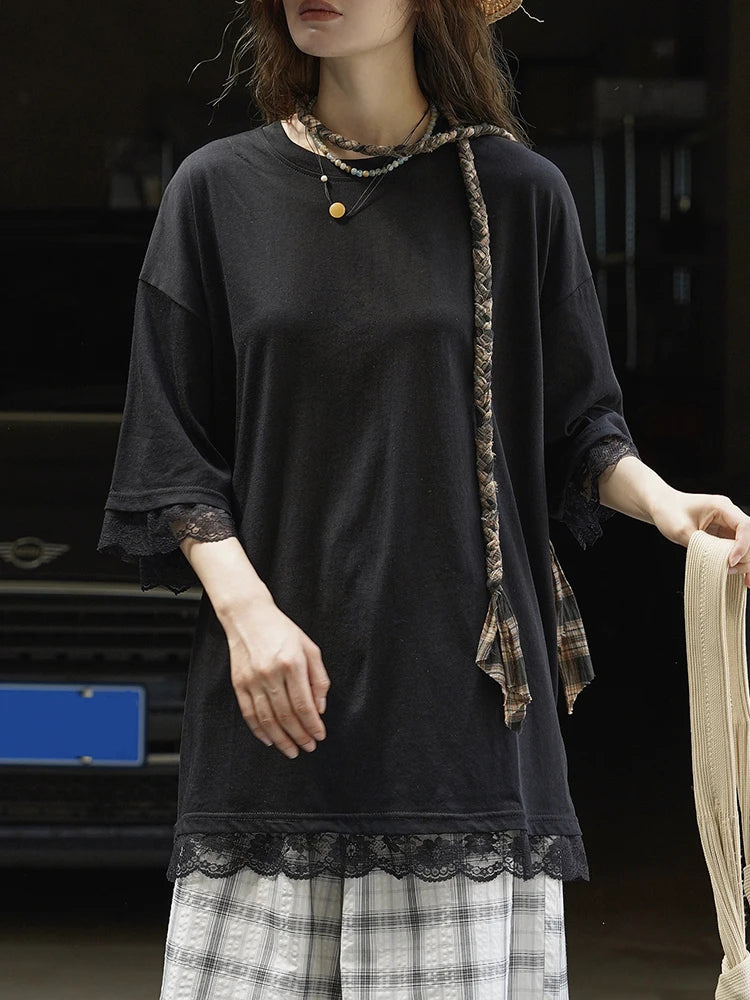 Women Gray Lace Hem Big Size Casual T-shirt New Round Neck Three-quarter Sleeve Fashion Tide Spring Autumn 2025 1DJ1929