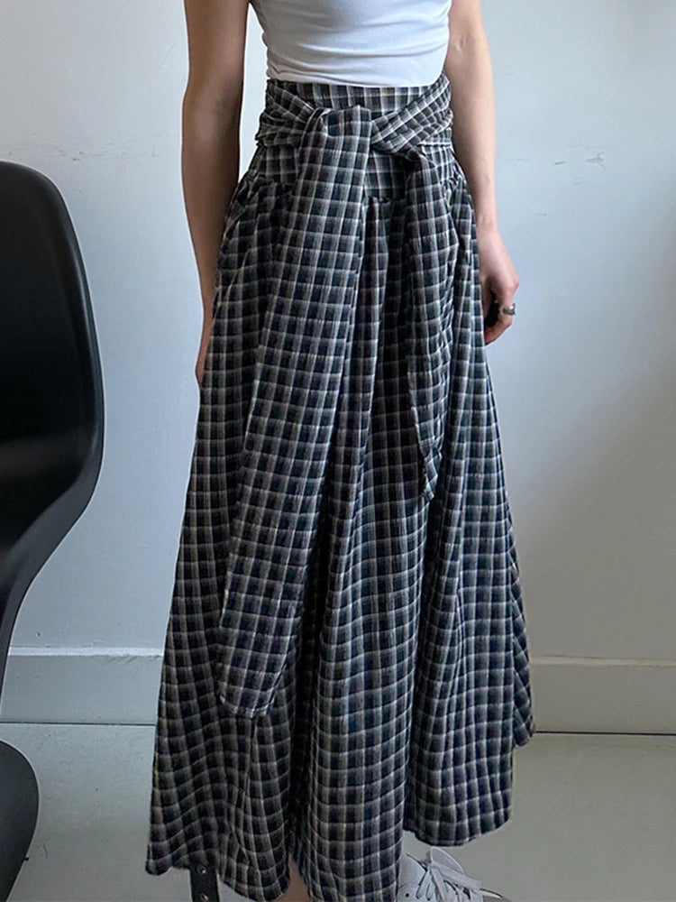 High Waist Black Plaid Bandage Side Zipper A-line Half-body Skirt Women Fashion Tide New Spring Autumn 2025 1DJ1178