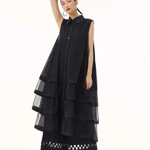 Load image into Gallery viewer, Women Black Layers Mesh Big Size Midi Vest Shirt Dress New Lapel Sleeveless Fashion Tide Spring Summer 2025 1DH9472
