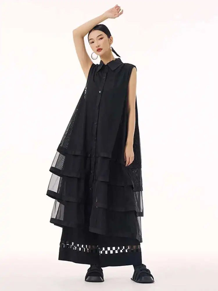 Women Black Layers Mesh Big Size Midi Vest Shirt Dress New Lapel Sleeveless Fashion Tide Spring Summer 2025 1DH9472