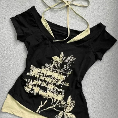 Load image into Gallery viewer, Summer Fake Two Pieces Halter Bandage Vintage T-shirts Y2k Aesthetic Slim Crop Tops Women Grunge Print Harajuku Casual Sexy Tee
