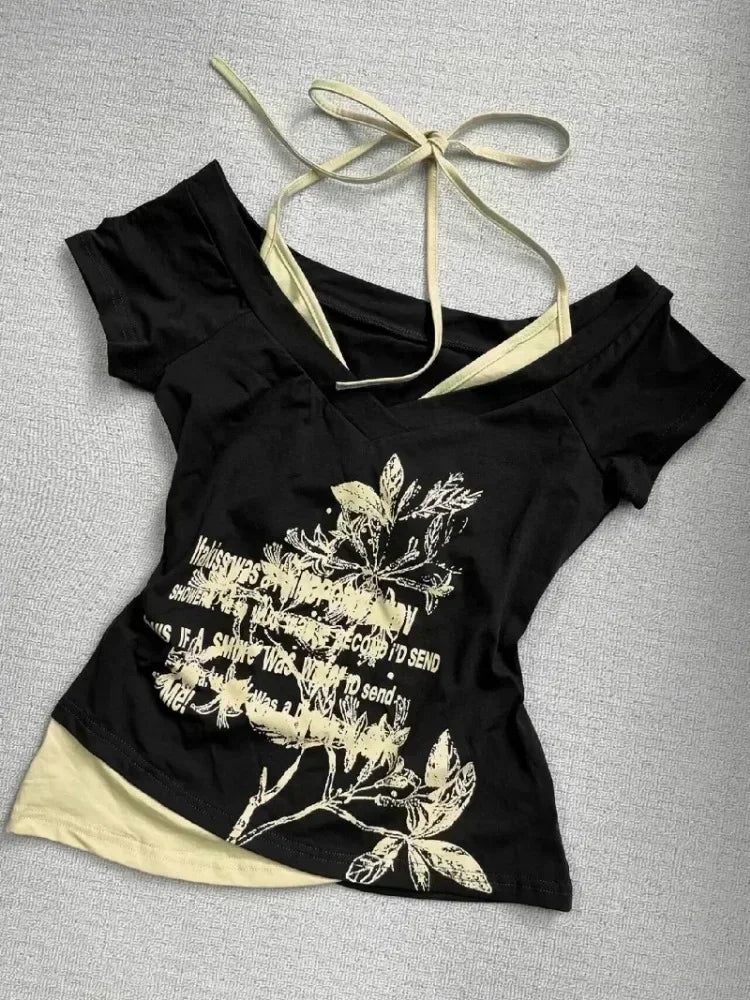 Summer Fake Two Pieces Halter Bandage Vintage T-shirts Y2k Aesthetic Slim Crop Tops Women Grunge Print Harajuku Casual Sexy Tee