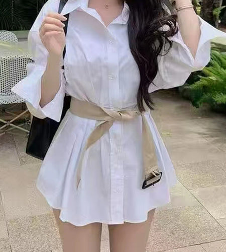 Fashion Spliced Lace Up Shirt Dresses for Women Lapel Long Sleeves Patchwork Single Breasted Dress Female Clothing