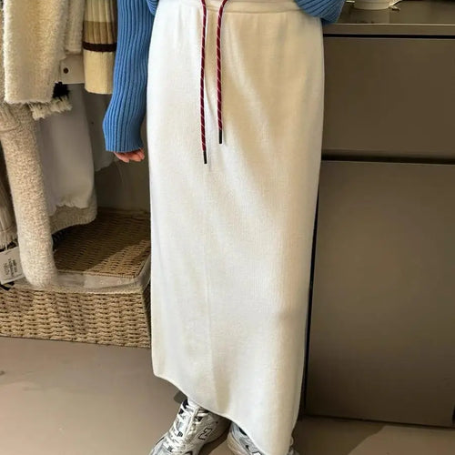 Load image into Gallery viewer, Korean Solid Drawstring Lace-up Elegant High Waist Long Skirt Women Versatile Split Skirt Streetwear 2024 Fashion Autumn Winter
