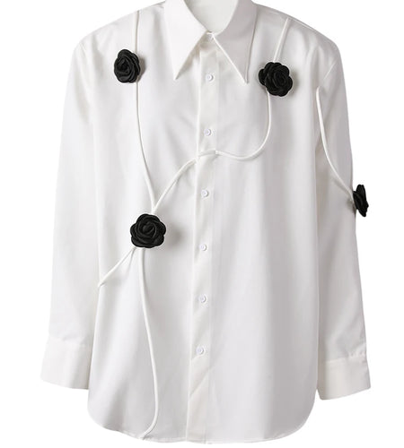 Women White 3d Flower String Big Size Elegant Blouse New Lapel Long Sleeve Shirt Fashion Tide Spring Autumn 2025 CPG3098