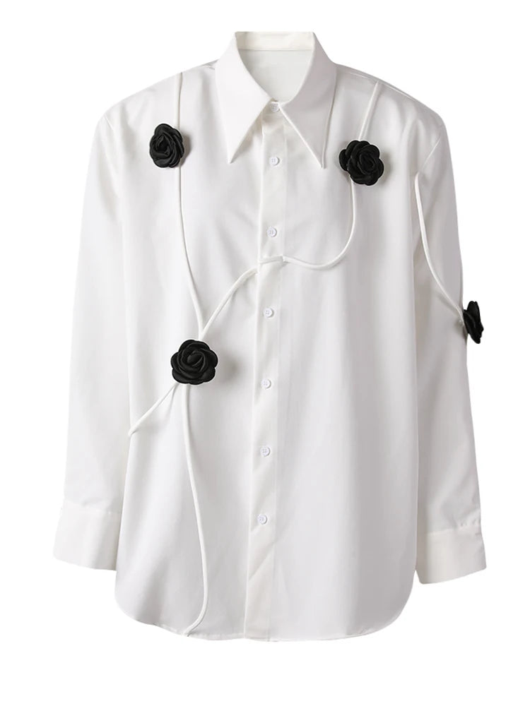 Women White 3d Flower String Big Size Elegant Blouse New Lapel Long Sleeve Shirt Fashion Tide Spring Autumn 2025 CPG3098