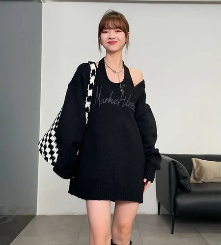 Sexy Korean Fashion Outfits 2025 Spring Autumn Two Pieces Set Women Loose Pullover + Halter Top Letter Print Sweater