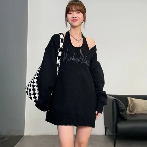 Load image into Gallery viewer, Sexy Korean Fashion Outfits 2025 Spring Autumn Two Pieces Set Women Loose Pullover + Halter Top Letter Print Sweater
