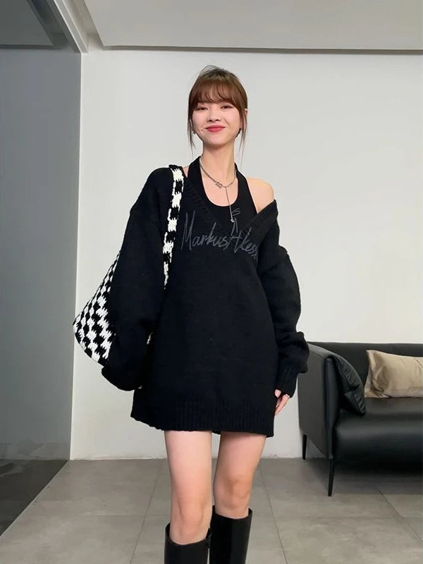 Sexy Korean Fashion Outfits 2025 Spring Autumn Two Pieces Set Women Loose Pullover + Halter Top Letter Print Sweater