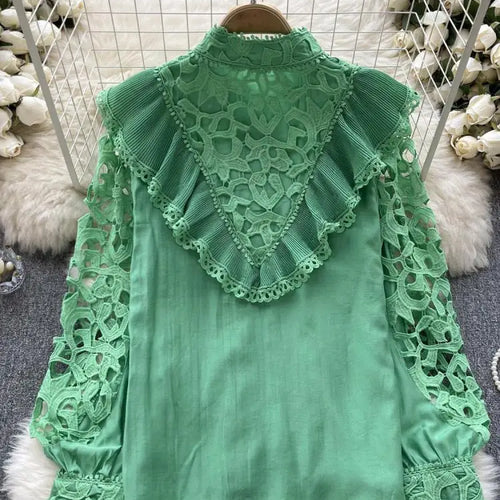 Load image into Gallery viewer, Women's Vintage Sweet Solid Long Sleeved Ruffle Edge Lace Shirt Y2k Korean Fashion Tide Autumn Winter 2023 Hollowed Out Tops New
