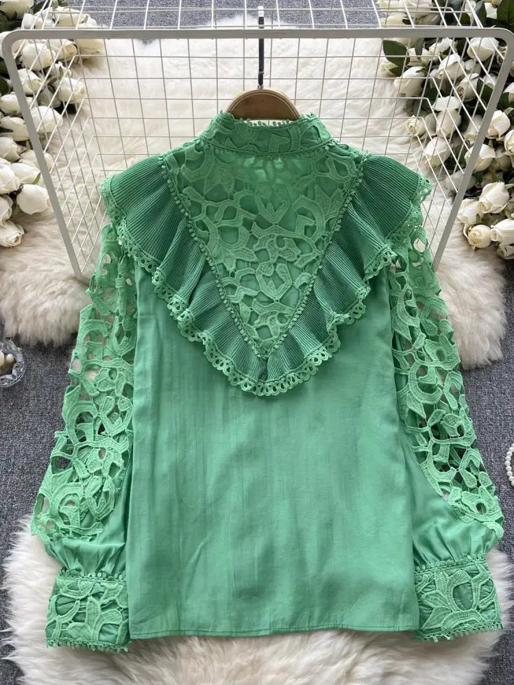 Women's Vintage Sweet Solid Long Sleeved Ruffle Edge Lace Shirt Y2k Korean Fashion Tide Autumn Winter 2023 Hollowed Out Tops New