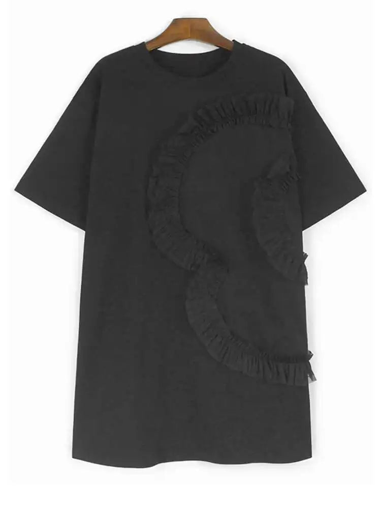 Women Gray Mesh Ruffles Big Size Mini T-shirt Dress New Round Neck Short Sleeve Fashion Tide Spring Summer 2025 1DH9812