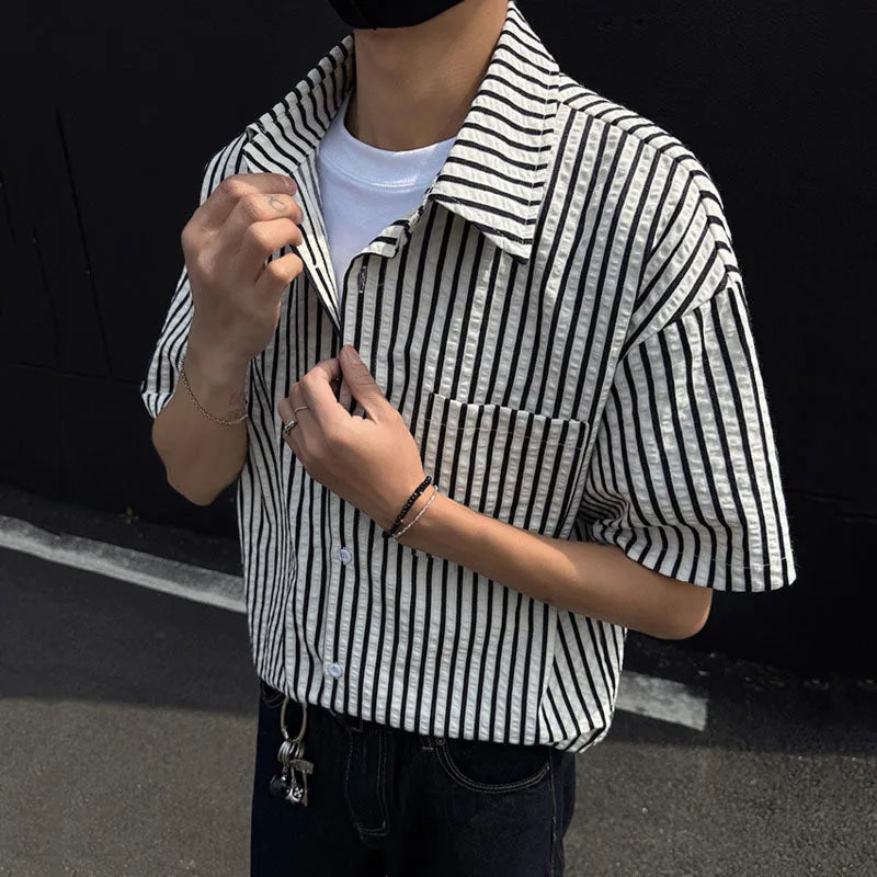 Summer Male Shirts Short Sleeve New Contrast Color Stripes Trendy Men's Loose Turn-down Collar Pullover Men Top 9W1563
