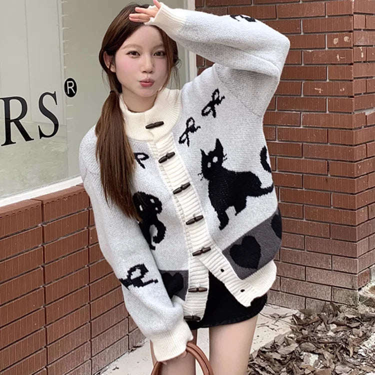 Vintage Striped Cartoon Jacquard Loose Cardigan Harajuku Stand Neck Horn Toggle Button Sweaters Y2k Aesthetic Knitted Cardigans