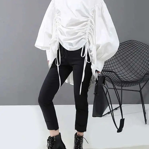 Load image into Gallery viewer, Women Back Long Drawstring Big Size Blouse New Satnd Collar Long Sleeve Loose Fit Shirt Fashion Spring Autumn 2025 1Z189
