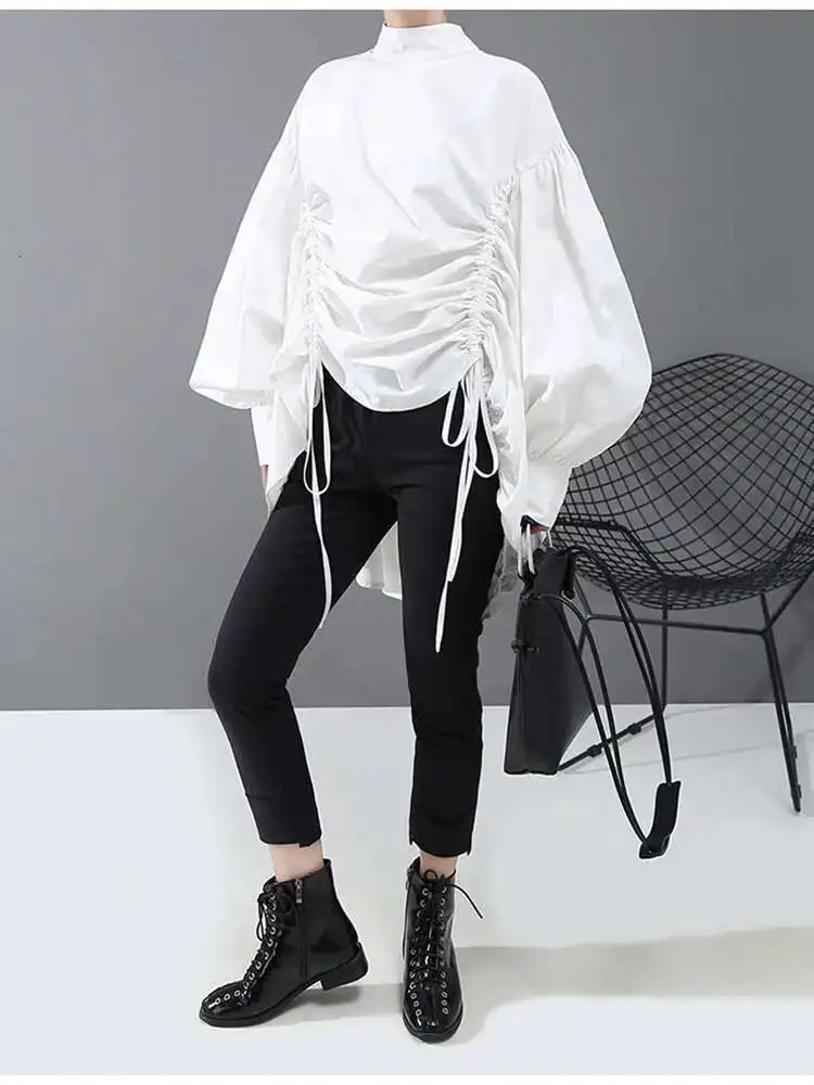 Women Back Long Drawstring Big Size Blouse New Satnd Collar Long Sleeve Loose Fit Shirt Fashion Spring Autumn 2025 1Z189