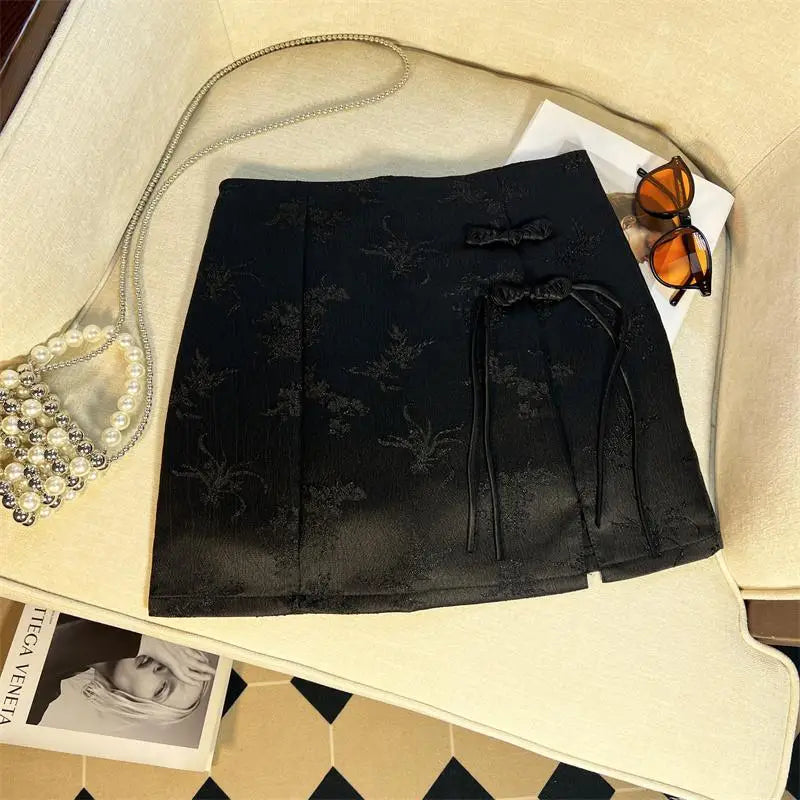 Retro Women's Black Button Up Jacquard Mini Skirts Vintage White High Waist Elegant Chinese Style A-line Short Skirt Summer 2024