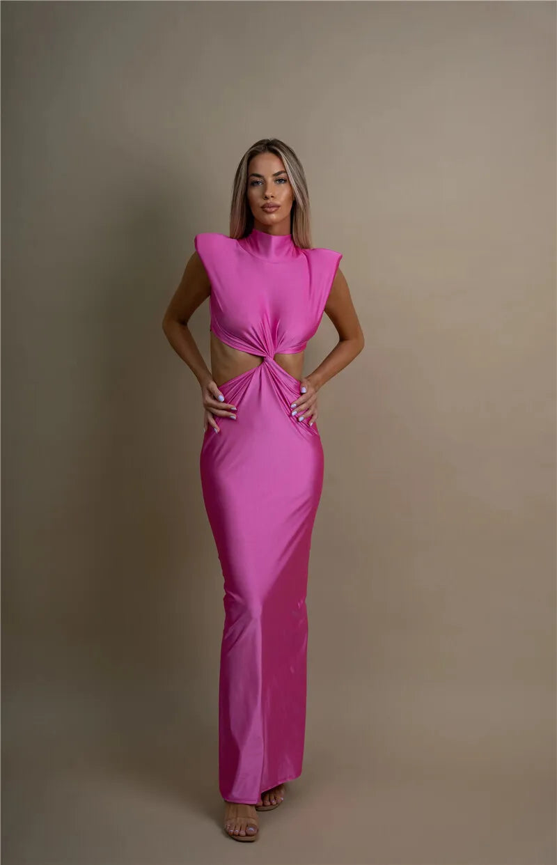 Hollow Out Turtleneck Sexy Maxi Dress For Women Fashion Solid Sleeveless Bodycon Tank Dresses Femme Club Party Dress