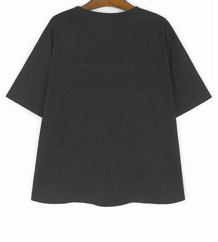 Women Black Dot Printed Spliced Big Size Casual T-shirt New Round Neck Short Sleeve Fashion Spring Summer 2025 1DH9969