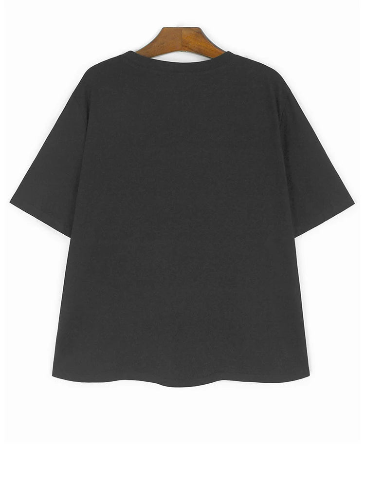 Women Black Dot Printed Spliced Big Size Casual T-shirt New Round Neck Short Sleeve Fashion Spring Summer 2025 1DH9969