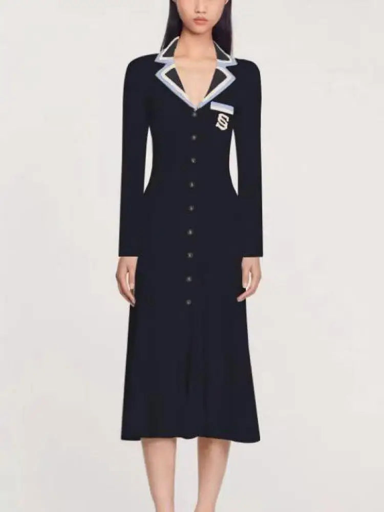 Korean Women's Patchwork Elegant Embroidery Slim Long Sleeved Festival Dress Spring Single Breasted Office Lady Knitted Dresses