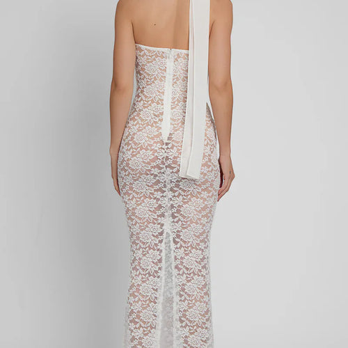 Load image into Gallery viewer, Lace See Through Sexy Midi Dress For Women Fashion Off-shoulder Strapless Sleeveless Backless Bodycon Club Party Dress
