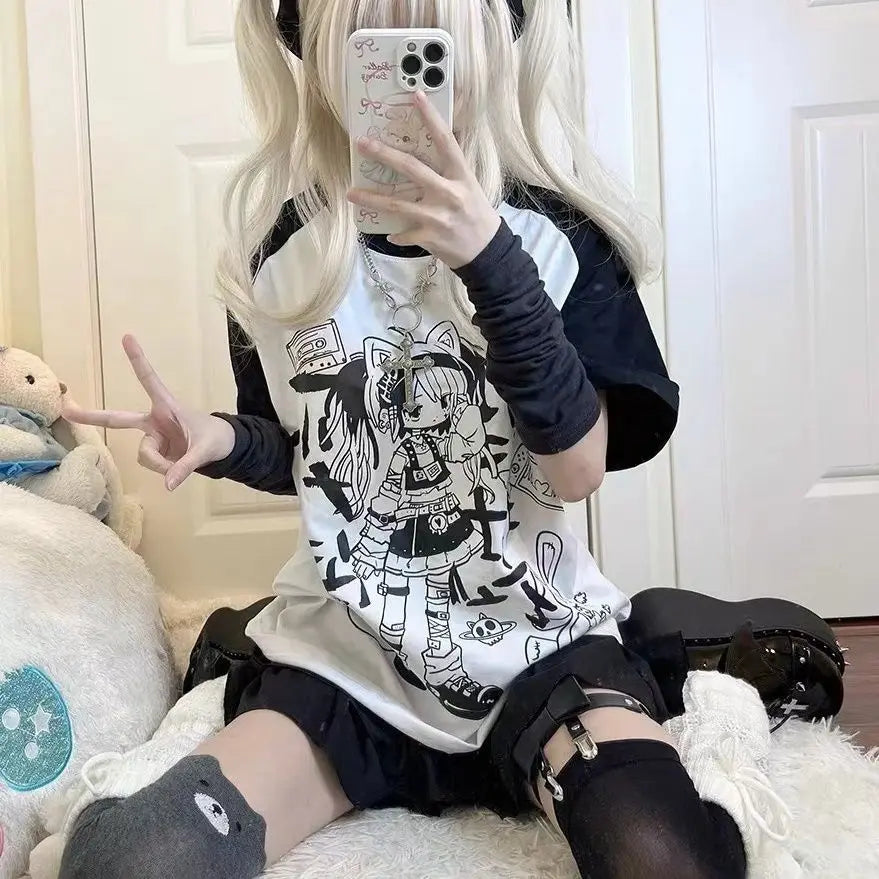 Women Clothes Japanese Sweet Tshirts Short Sleeve O-neck Anime Print Summer Tees Y2k Tops Casual Chic Harajuku Oversized T Shirt