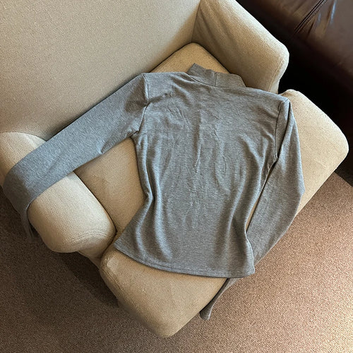 Load image into Gallery viewer, Autumn Winter Elegant Half High Collar Hollow Out Short T Shirt Women New Long Sleeved Slim Tops 2024 Korean Simplicity Clothing
