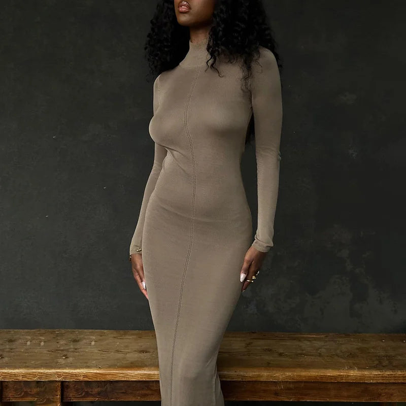 Turtleneck Backless Bodycon Midi Dress For Women New Autumn Winter Long Sleeve Club Party Sexy Long Dress Vestidos