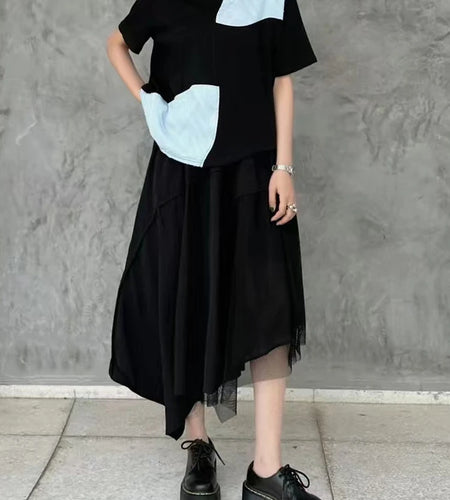 Women Black Color-block Textured Big Size T-shirt New Round Neck Short Sleeve Fashion Tide Spring Summer 2025 1DJ1220