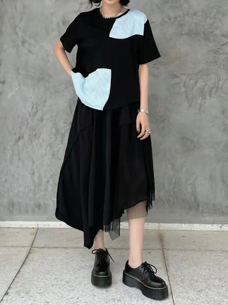 Women Black Color-block Textured Big Size T-shirt New Round Neck Short Sleeve Fashion Tide Spring Summer 2025 1DJ1220