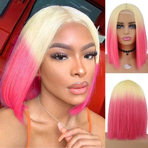 Load image into Gallery viewer, Synthetic Cosplay Wigs for Women Short Bob Wig with Bangs Lace Front Wig Pink Cosplay Ombre Wig with Side Bangs Girls
