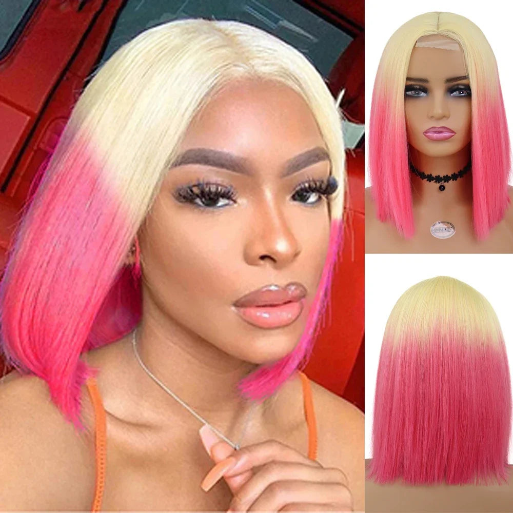 Synthetic Cosplay Wigs for Women Short Bob Wig with Bangs Lace Front Wig Pink Cosplay Ombre Wig with Side Bangs Girls