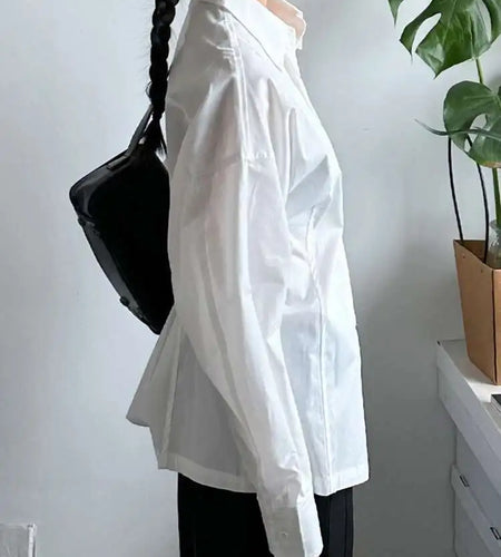 Women White Back Button Pleated Big Size Elegant Blouse New Lapel Long Sleeve Shirt Fashion Spring Autumn 2025 1DJ0301