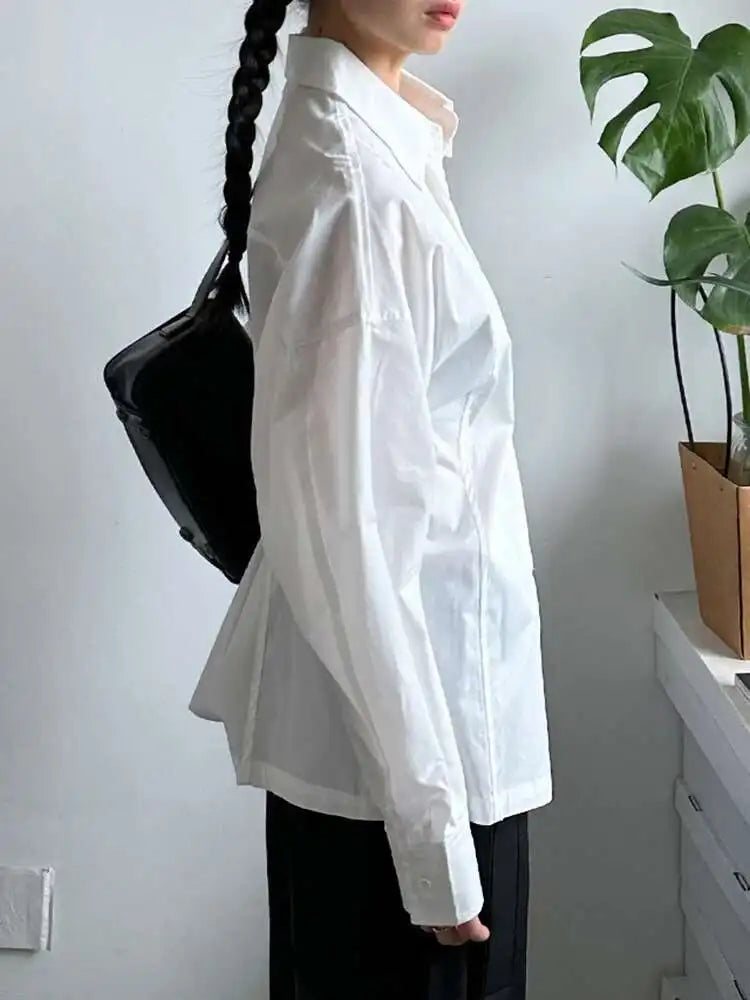 Women White Back Button Pleated Big Size Elegant Blouse New Lapel Long Sleeve Shirt Fashion Spring Autumn 2025 1DJ0301