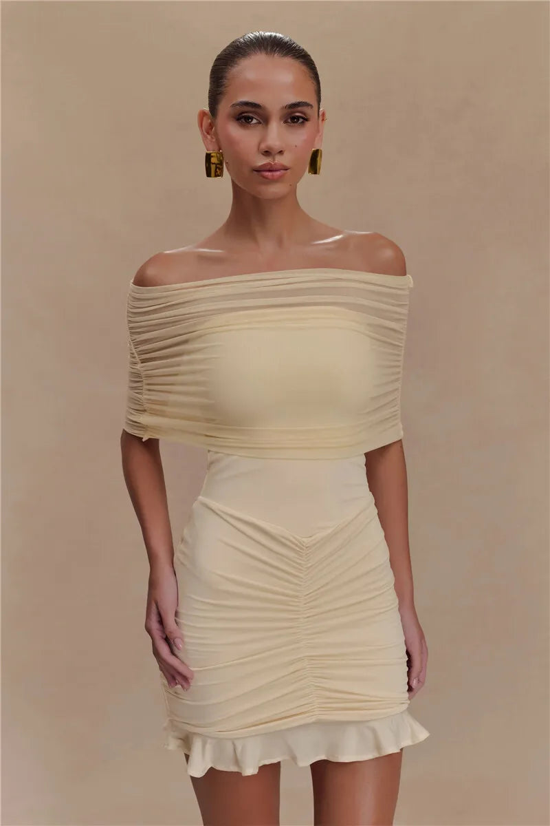 Mesh Strapless Off-shoulder Sexy Ruffled Mini Dress For Women Fashion Backless High Waist Female Ruched Party Dress