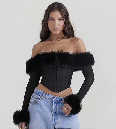Autumn and Winter Women Tops 2023 Detachable Fur Off The Shoulder Cropped Top Sexy Black Casual Long Sleeve Blouse