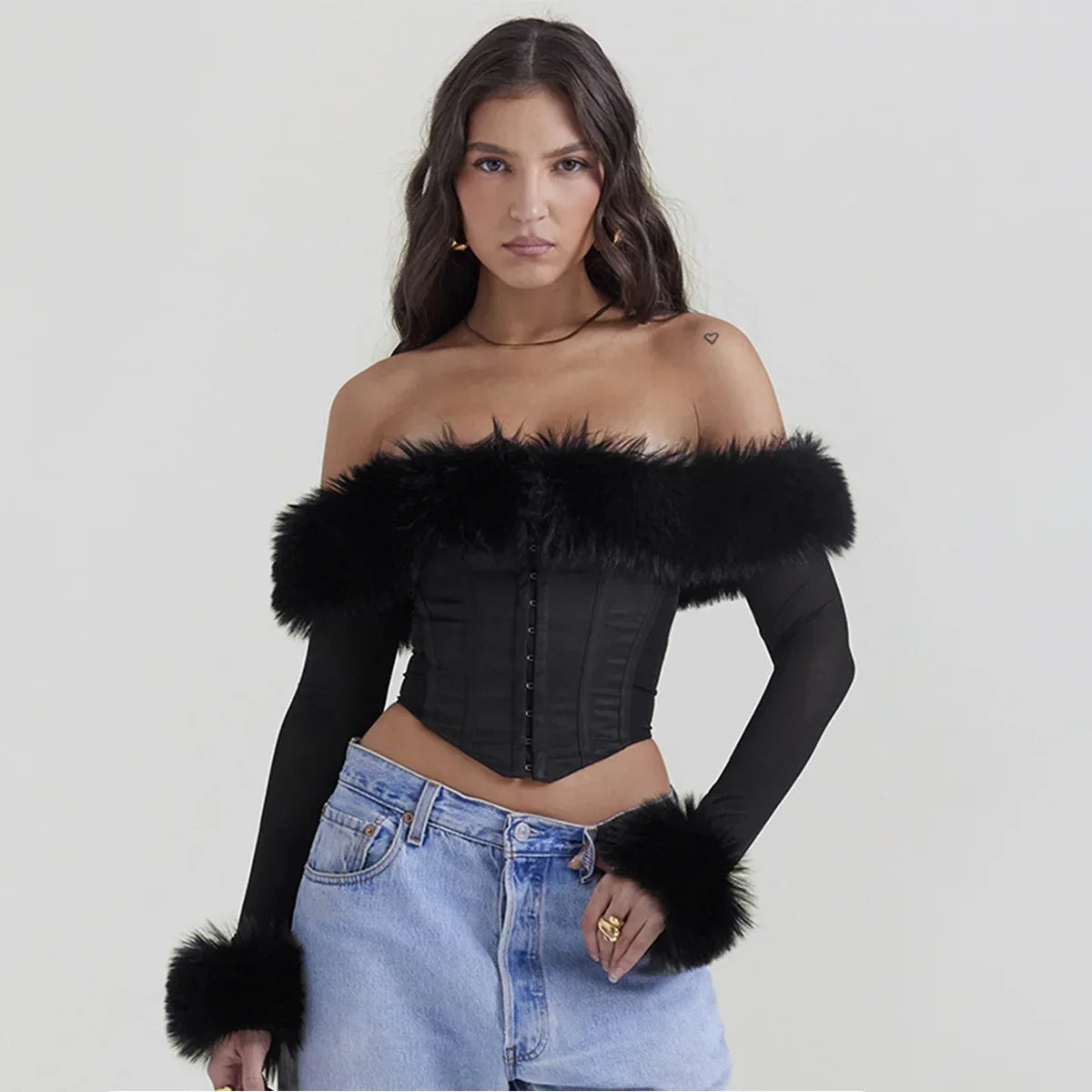Autumn and Winter Women Tops 2023 Detachable Fur Off The Shoulder Cropped Top Sexy Black Casual Long Sleeve Blouse