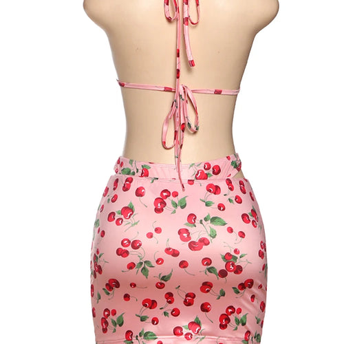 Load image into Gallery viewer, Vacation Hottie Sexy 3 Piece Set Women Summer Cherry Print Halter Bra+Thong+Skirts Beach Party Clubwear Matching Suit
