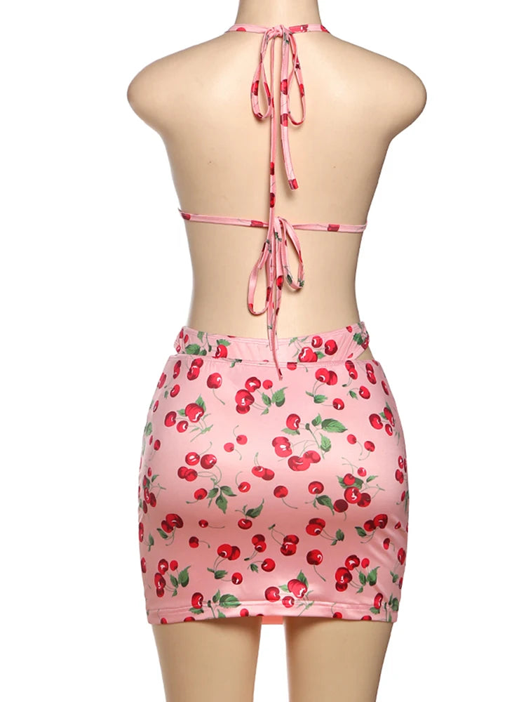 Vacation Hottie Sexy 3 Piece Set Women Summer Cherry Print Halter Bra+Thong+Skirts Beach Party Clubwear Matching Suit
