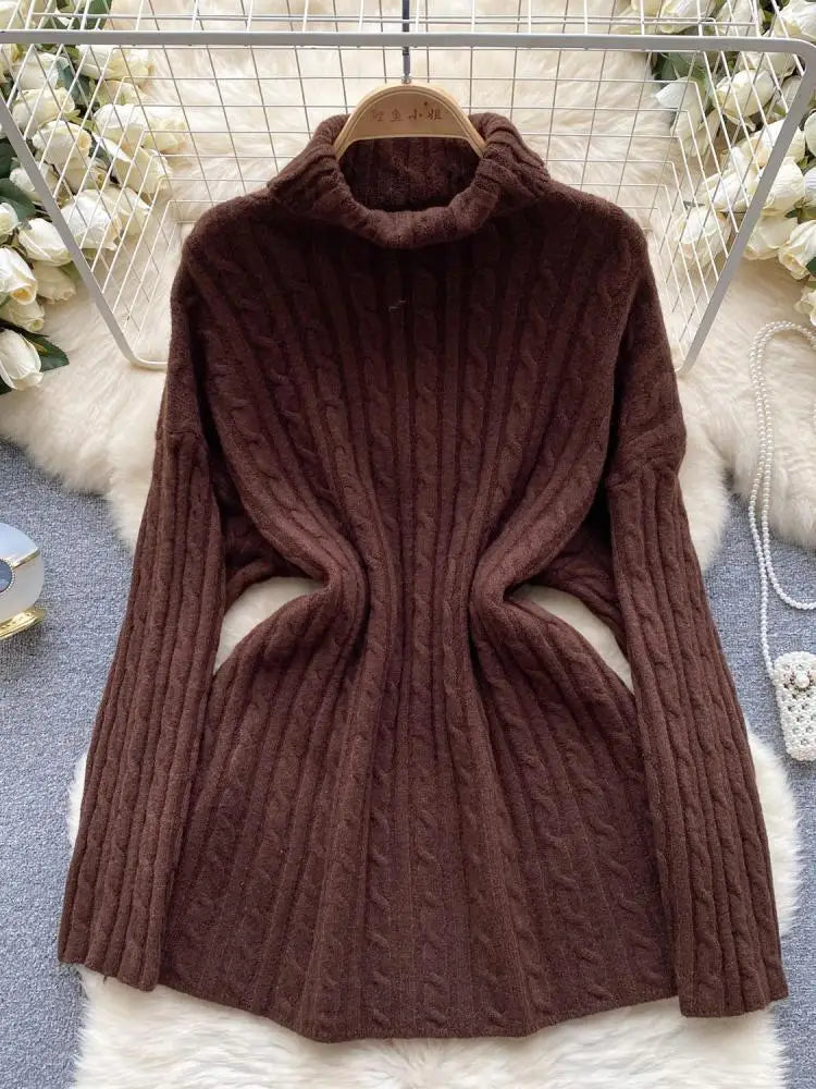 Autumn Winter Women's Solid Elegant High-neck Knitting Sweater Female Loose Thick Warm Long Sleeves Simple Crochet Pullover Tops
