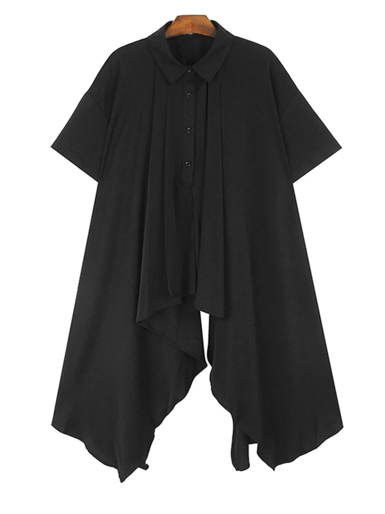 Women Black Pleated Dot Irregular Big Size Blouse New Lapel Short Sleeve Shirt Fashion Tide Spring Summer 2025 1DJ0890